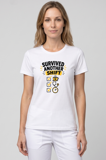 Біла футболка з принтом Survived Another Shift, S