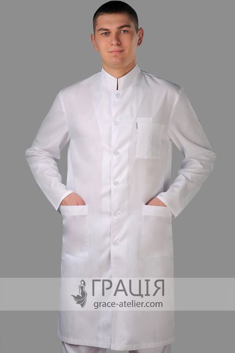 Медичний чоловічий білий халат Стійка, 42, змісова (бавовна - 35%, п/е - 65%)