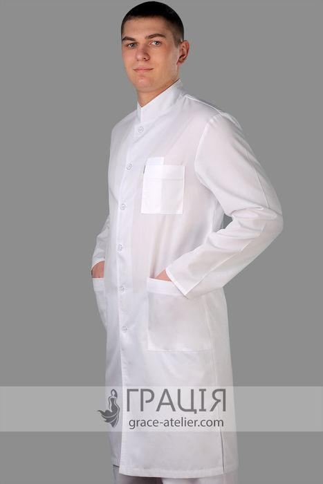 Медичний чоловічий білий халат Стійка, 42, змісова (бавовна - 35%, п/е - 65%)
