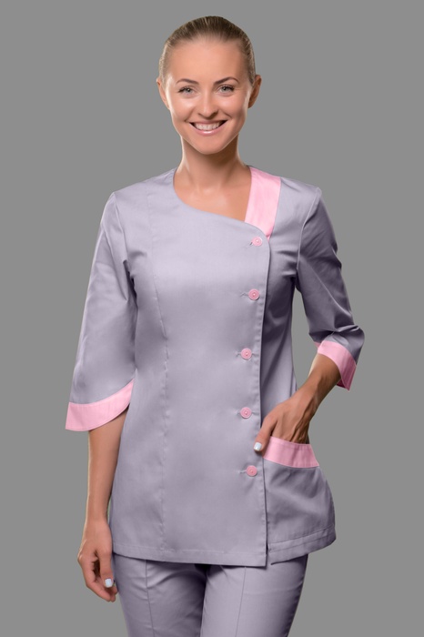 Медицинский костюм Клео, серый металлик (041), отделка розовый (003), 38