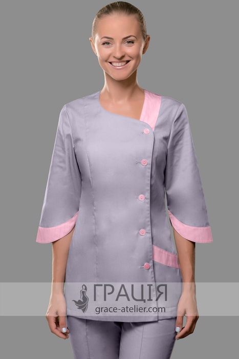 Медкостюм Клео с ассиметричной застёжкой на пуговицах, серый металлик (041), отделка розовый (003), 38